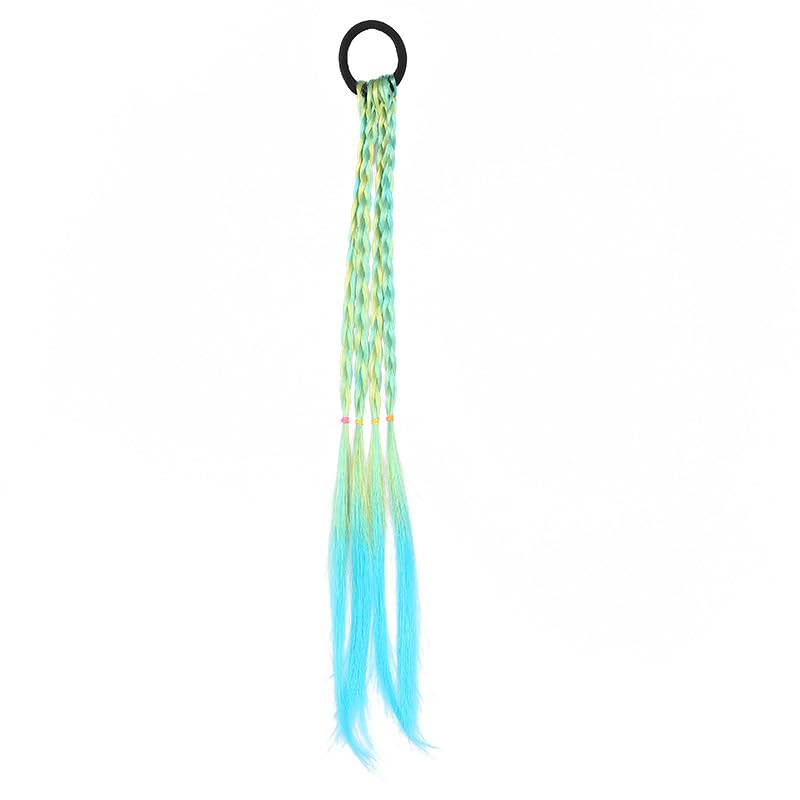 SYGA Girl Wig Headwear, Twist Braid Rope Ponytail Hair Extension, Gradient Lake Blue, 3 Strands, Kids Hair Styling Accessory