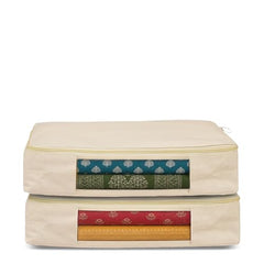 JD FRESH 3 Pcs Cotton Saree Covers/Storage Bags with Zip Cover/Space Saving Bag with Transparent Window/Wardrobe & Cupboard Organizer for Clothes/Bedsheets/Lehengas (16 x 13 x 3 Inch/Off White)