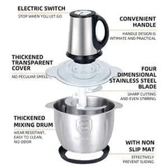 Zerastia Electric Chopper 2L Stainless Steel | Heavy Duty Meat Grinder, Vegetable Chopper & Food Processor | Multipurpose Mixer Grinder Machine for Kitchen