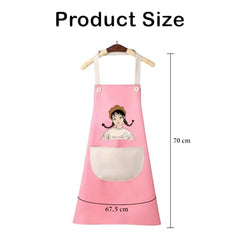MOMISY Waterproof Kitchen Apron, Cooking Apron with Large Front Pocket, Cute Girl Print Design (Pink OffWhite)