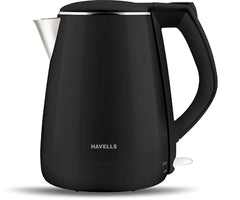 Havells Electric Kettle Altro 1250 Watts 1.5 liters, Double Layered Cool Touch Outer Body | 304 Rust Resistant SS Inner Body with Auto Shut Off | Wider Mouth | 2 Yr Manufacturer Warranty (Black)