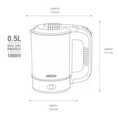 MILTON Stainless Steel Euroline Electric Travel Kettle With Handle, 1000 Watt, 500 Ml | 2 Utility Cups | Auto Shut-Off | Concealed Heating Element | Power Indicator |1Year Warranty, Silver