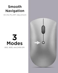 Lenovo 600 Bluetooth 5.0 Silent Mouse: Compact, Portable, Dongle-Free Multi-Device connectivity with Microsoft Swift Pair | 3-Level Adjustable DPI up to 2400 | Battery Life: up to 1 yr