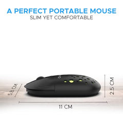 Amkette Hush Pro Spectra 2.4 GHz Silent Switch Wireless Mouse with Ergonomic Design, Rechargeable Battery, High Precision, 3 DPI Settings, LED Lights, and Smart Auto Sleep Function (Black)