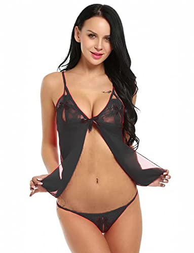 MOMISY Women Sexy Slim Fit Lingerie Transparent Set Underwear Lace Cup Teddy Bodysuit Deep Round Neck Spahgetti Back Strap Underwear Babydolls Sexy Lingerie Sleepwear-Black
