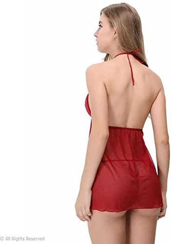 MOMISY Women Sexy Slim Fit Transparent Set Underwear Lace Cup Teddy Bodysuit Deep Round Neck Spahgetti Back Strap Underwear Babydolls Lingerie Sleepwear-Red