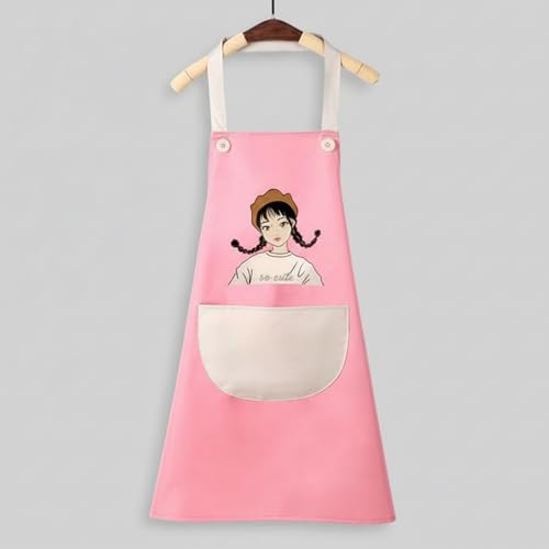 MOMISY Waterproof Kitchen Apron, Cooking Apron with Large Front Pocket, Cute Girl Print Design (Pink OffWhite)