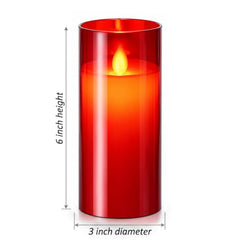 Flameless LED Pillar Candle Set of 2 | Acrylic Fiber Glass | Dancing Faux Wick | Remote Control with Battery Operated 3 AA | Home Décor & Gifting | 3" D x 6" H | Red