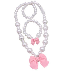 SYGA Children's Girls Necklace Earring Bracelet Ring Set Jewelry Bow Pearl Necklace Bracelet Set For Kids, Girl, Gift, Party (Link Pink 2 Pieces)