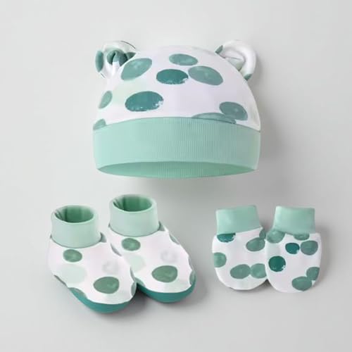 MOMISY Cotton Baby Caps, Mittens and Booties Set, 0-6 Months (in, Age, 0 Months, 6 Months, Polka)