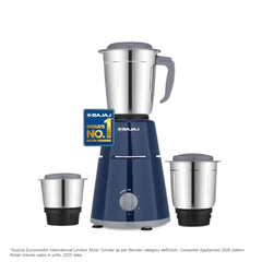 Bajaj GX-1 Mixer Grinder 500W | Superior Mixie For Kitchen | 2-In-1 For Dry Grinding | Blade Function With Titan Motor | 3 Stainless Steel Mixer Jars | 1 Year Product Warranty By Bajaj 【Blue】