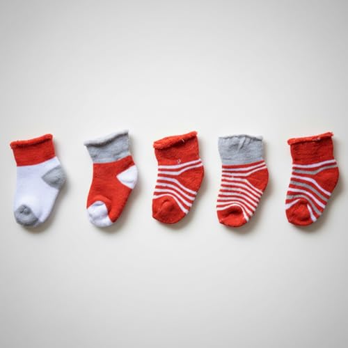 MOMISY Baby Socks 5 Pairs, Mixed Design Striped Tube Socks for Toddlers and Infants, Boys and Girls, Spring and Autumn (IN, Age, 0 Months, 6 Months, Red)