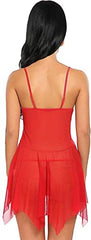 MOMISY Women Sexy Slim Fit Lingerie Transparent Set Underwear Bodysuit Deep Round Neck Spahgetti Back Strap Underwear Babydolls Sexy Lingerie Sleepwear-Red, Ruffle