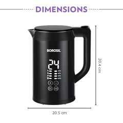 Borosil 1.5 L Cooltouch 1350W Digital Electric Kettle, Black | Temperature display, Keep warm function, Double wall, Wide mouth, For tea, noodles, soup & boiled eggs, Versatile use