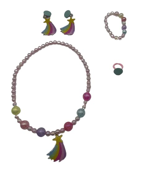 SYGA Children's Girls Necklace Earring Ring Set Jewelry Pearl Necklace Bracelet Set For Kids, Girl, Gift, Party (Rainbow 5Pieces)