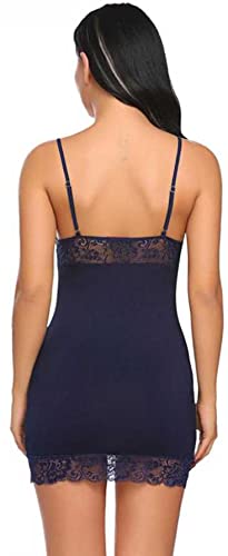MOMISY Women Silk Slim Fit Lingerie Transparent Set Underwear Lace Cup Teddy Bodysuit Deep Round Neck Spahgetti Back Strap Babydolls Sleepwear-Navy Blue