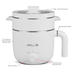 IBELL MPK15M Multipurpose Electric Kettle, 1.5 Litre, 800W, 2 Cooking Pots & Egg Boiler, Temperature Control, For boiling Water, Egg, Stainless Steel Body (White)