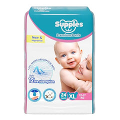Amazon Brand - Supples Premium Baby Diaper Pants | 108 Baby Diapers | XL | 12-17 Kg | 12 Hrs Absorption | Cushiony Cotton Soft Fabric | Phthalates-Free | Triple Leak Guard | 54 Count, Pack of 2