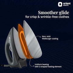 Orient electric Gusto heavy weight Iron for clothes | 1100 Power | Cool touch plastic body | With Wielburger Non-stick coating| 2 Years replacement warranty