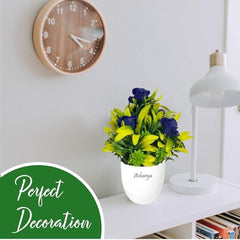Asharya® Artificial Flower Plants for Home Décor – Set of 4 Mini Potted Plants (7 Inch) in White Pots | Pink, Yellow, Red & Blue Faux Flowers for Living Room, Office, Indoor Outdoor Decoration