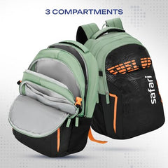 Safari Verge 2 37L Casual Printed Backpack, School Bag for Boys and Girls, Travel Bag for Men and Women, 3 Compartments, Raincover, Armour Base, Organiser, Bottle Holder, Front Pocket, Sage