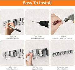 Dargoba Broom Holder Wall Mounted, Mop Holder for Wall, Broom Stick Holder Mounted Stand, Storage Broomstick Brush Mount Organizer with Hanger Hooks (5 Slot 6 Hooks)- Grey, Polypropylene