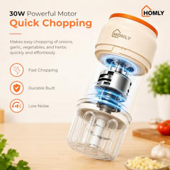 HOMLY Chopzo Mini Vegetable Chopper 250ml, 30W Rechargeable Electric Chopper with Stainless Steel Tri-Blade Cutter, USB Charging, Compact Chopper for Onion, Garlic & Vegetables