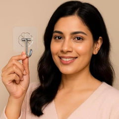 VARENYYA Hanging Hooks Without Drilling, Self Adhesive Hooks for Wall Heavy Duty Strong Nail Free, Kitchen Accessories Items (Hanging Hook, Transparent) Stainless Steel (Flower Hook, 10-pcs)
