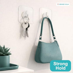 BRAND VILLA Transparent Self Adhesive Wall Hooks, Heavy Duty No Drill Nail Free Sticky Hooks for Kitchen, Bathroom, Keys, Towels & Home Organization (Pack of 10)