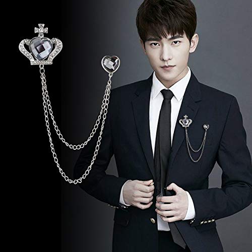 SYGA Men's & Women Suit Shirt Stud Lapel Pin Chain Tassel Brooch Pin with Crystal Chain(Silver Sapphire Crown)