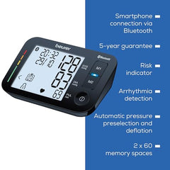 Beurer Bm 54 Fully Automatic Upper Arm Blood Pressure Monitor With Universal Cuff Up To 44 Cm,Risk Indicator,Xl Display,Pulse Measurement,Bluetooth (Bm54),Black (Pack Of 1) (655.12)