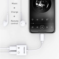Sounce 2-in-1 8 Pin to 3.5mm Audio & Charging Splitter – Dual Port Adapter Cable for Music, Power, Headsets, Speakers & More – White