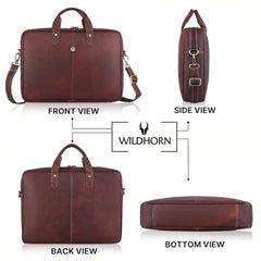 WildHorn Genuine Leather Office Bag for Men | 15.6-Inch Laptop Bag with a Minimalist Design | Professional Leather Bag with Adjustable Straps & Multiple Compartments | 1-Year Warranty
