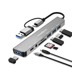 Frontech 8-in-1 Multi-Port Expansion Hub, Dual Input (USB-C & USB), High-Speed Data Transfer, Metal Matt Finish, Backed with 1 Year Warranty (NC-0058)