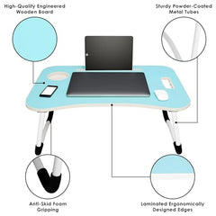 MollisHomes Laptop Table with Dock Stand Wood Smart Standard Multi-Purpose Solid/Study Table/Bed Table/Foldable and Portable/Ergonomic & Rounded Edges/Non-Slip Legs/Engineered (Blue)