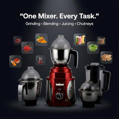 Indicon Rover 1350W Copper Motor Mixer Grinder with 4 Jars (3 Stainless Steel + 1 Juicer Jar), 3-Speed Control, Heavy Duty Grinding & Blending for Kitchen, Unbreakable ABS Body, Red