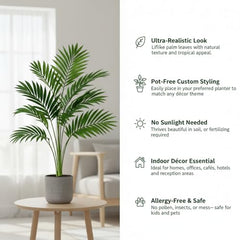 GARDEN GYANI Artificial Areca Palm Plant with Black Pot – 145 cm Tall Faux Tropical Decorative Plant with 35 Leaves for Home, Office & Living Room Décor