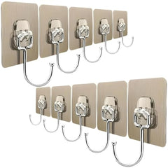 DME SALES Heavy Duty Self Adhesive Wall Hooks | Waterproof PVC Sticky Hooks Stainless Steel Big Hooks for Home Storage Bathroom Kitchen | Silver Multipurpose 10KG Capacity (Golden Hook 10-pcs)