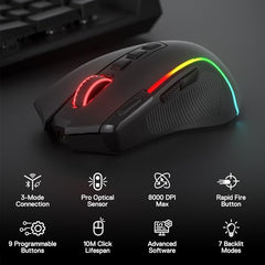 Redragon M612AK PRO RGB Gaming Mouse, 8000 DPI Wired/Wireless Optical Mouse with 9 Programmable Buttons & 7 Backlit Modes, BT & 2.4G Wireless, Software Supports DIY Keybinds Rapid Fire Button