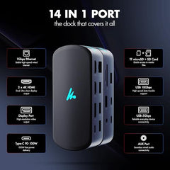 Type C 14 in 1 Wozoyo Docking Station, PD 100W, 2X4K@60Hz HDMI,4K DisplayPort, 2XType-C 10Gbps, USB 10Gbps, Gigabit Ethernet, AUX Port,Universally Compatible Thunderbolt 4,macOS,Windows,Android & iOS