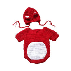 MOMISY Handmade Crochet Baby Romper Set, Red Bear Design with White Belly, Matching Cap, Photography Costume Prop