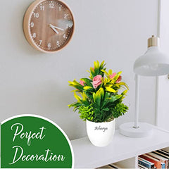 Asharya® Artificial Flower Plants for Home Décor – Set of 4 Mini Potted Plants (7 Inch) in White Pots | Pink, Yellow, Red & Blue Faux Flowers for Living Room, Office, Indoor Outdoor Decoration