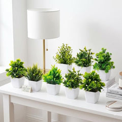 amazon basics Artificial Potted Plants, Artificial Plastic Eucalyptus Plants Small Indoor Potted Houseplants, Small Faux Plants for Home Decor Bathroom Office Farmhouse (Set of 8)