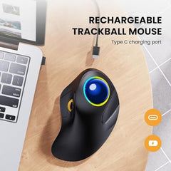 ProtoArc EM03 Wireless Bluetooth Trackball Mouse, Ergonomic RGB Rollerball Rechargeable for Computer, Laptop, 3 Device Connection & Index Finger Control for iPad, Mac, Windows - Graphite