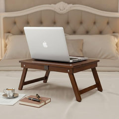 INTRAHAUS Wooden Extra Large Multi Tasking Height Adjustable Foldable Laptop Table Portable Study Writing Desk for Bed Sofa Home Office Use Walnut Color Wide Surface Design