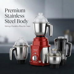 Indicon Rover 1350W Copper Motor Mixer Grinder with 4 Jars (3 Stainless Steel + 1 Juicer Jar), 3-Speed Control, Heavy Duty Grinding & Blending for Kitchen, Unbreakable ABS Body, Red