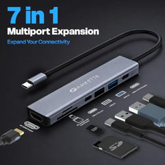 Amkette 7-in-1 Type C Hub/Docking Station for Laptop, USB hub Type c with 100W Power Delivery, 4K HDMI Output, USB 3.0, USB 2.0, SD/TF Card Reader, USB c hub for MacBook, Windows Laptops