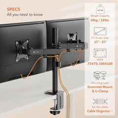 Artikel Double Monitor Desk Mount | Adjustable Heavy Duty Monitor Arms | VESA Mount with C Clamp & Grommet Mounting Base | Computer Monitor Stand for Screen up to 27 inch | Table Mounted | Black