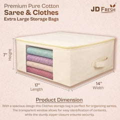 JD FRESH 3 Pcs Cotton Saree Covers/Storage Bags with Zip Cover/Space Saving Bag with Transparent Window/Wardrobe & Cupboard Organizer for Clothes/Bedsheets/Lehengas (16 x 13 x 3 Inch/Off White)