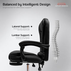 Kepler Brooks Italia Premium Leatherette Office Chair for Work | 3-Years Warranty | Boss Chair for Office, Ergonomic Executive Chair, Cushioned Arms & Seat, Leg Rest, Heavy Duty Metal Base (Black)